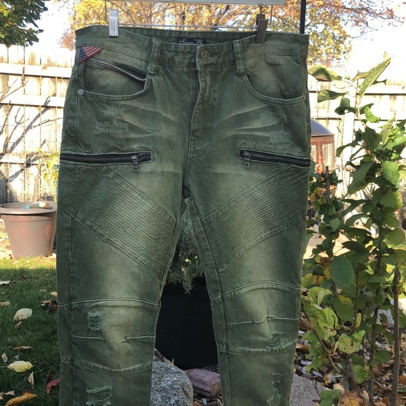 Distressed Green Biker Jeans Size 34 - Picture 2 of 8